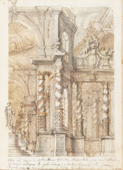 “Atrio del Tempio di Apollo,” folio 39 recto, [Racolta di Diversi Pensieri di Schene Fatti e Composti da Mr. Chamant]. Pen and brown ink, watercolor, black chalk on paper. 290 mm x 215 mm. ©New York University, Acton Collection, Villa La Pietra, Florence.