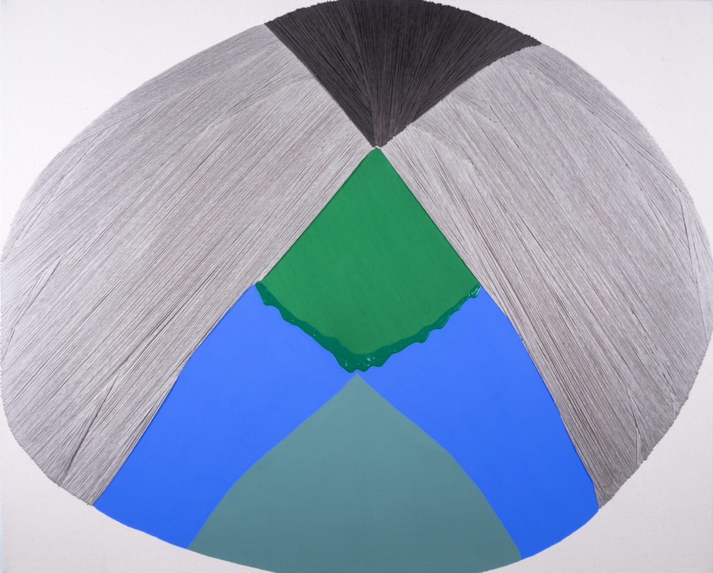Mirador. 2015. Embroidery, fabric, gouache, acrylic, and canvas. 26 x 32 inches.