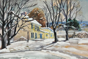 Painting of a yellow house covered with snow.