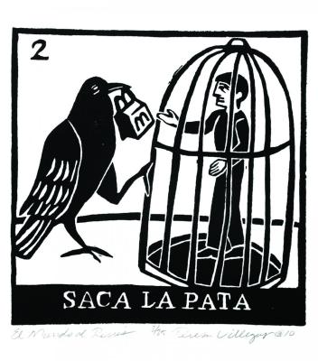 Print of a man in a cage with a bird outside