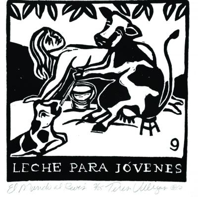 Print of a cow milking a person