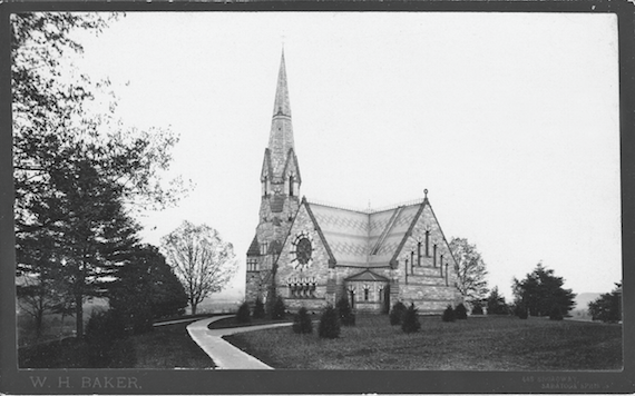 Stearns Church, constructed with funds from William F. Stearns, the son of an Amherst College president, was completed in 1873. After standing for seventy-six years, the structure, excluding the steeple, was demolished in 1949, and the Mead Art Museum was built on its former site. Buildings and Grounds Collection, Amherst College Archives & Special Collections.