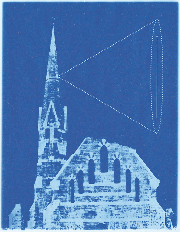 Keats’s site plan for the Millennium Camera installation, demonstrating its position at the summit of Stearns Steeple. Courtesy of the Mead Art Museum; gift of the artist.