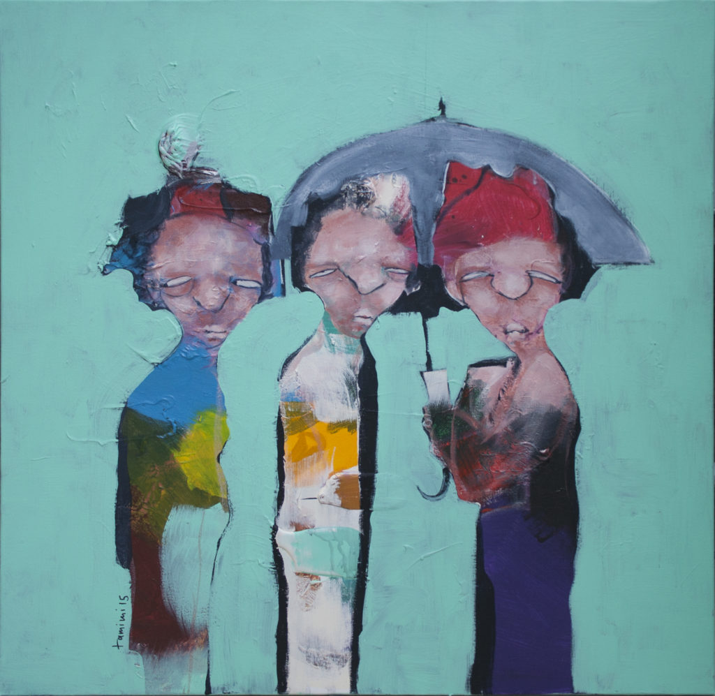 Painting of three figures under an umbrella