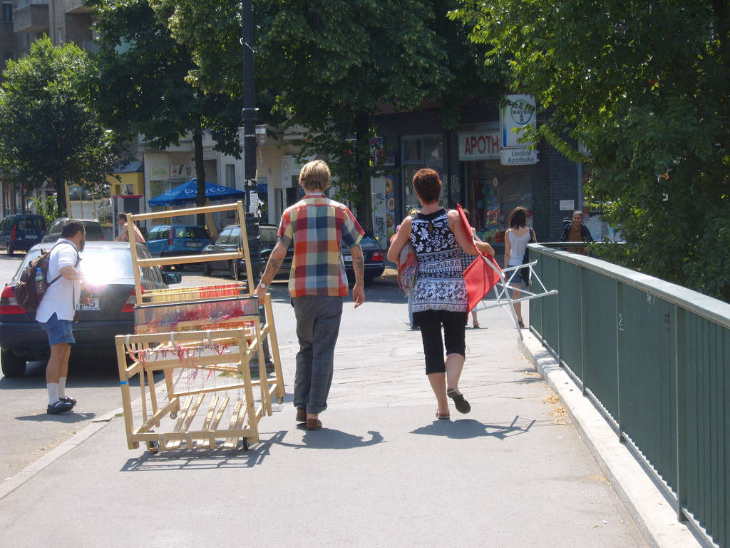 Action Weaver, Travis Meinolf wheels his loom, Berlin, 2010