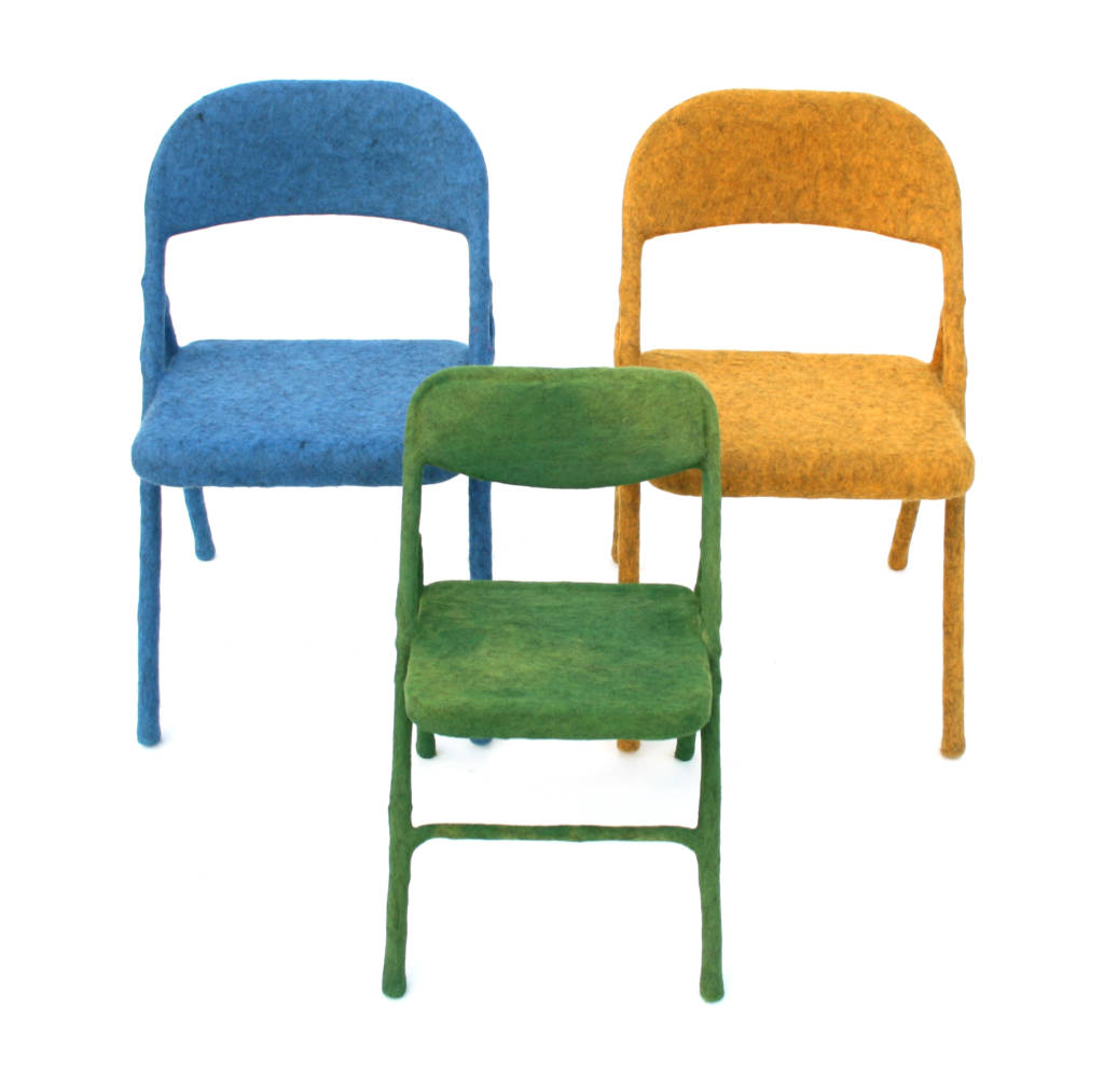 blue, green, and yellow felt chairs