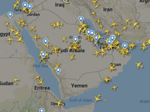 Airplanes over a map of the Arabian gulf