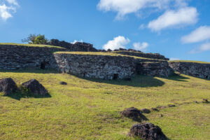 Images of stone structures in a field.