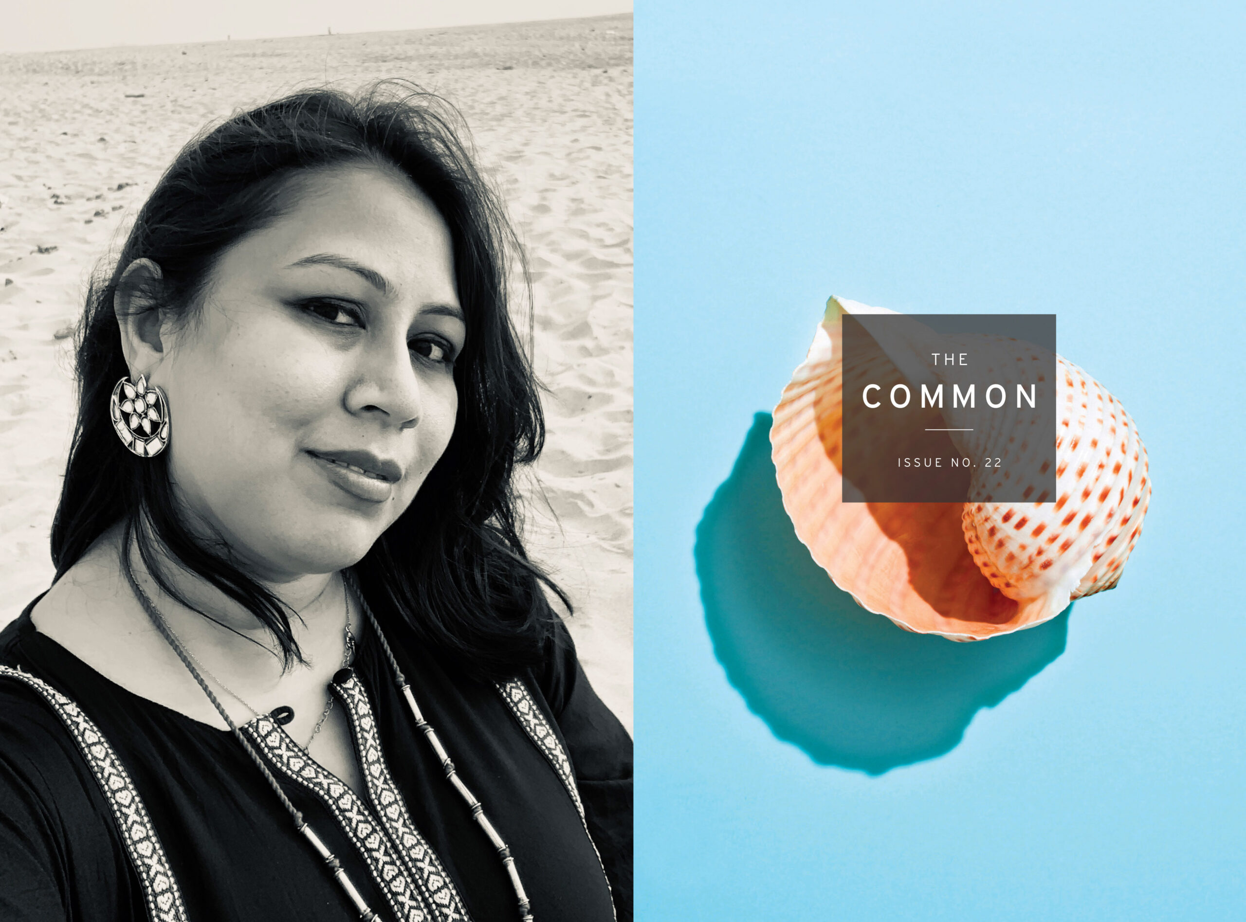 Image of Priyanka Sacheti's headshot and the Issue 22 cover (light blue background and pink-peach seashell).