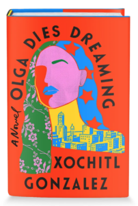 Image of Olga Dies Dreaming: bright orange background and a colorful image of a woman's head with patterns of flowers and buildings on different parts of her body.