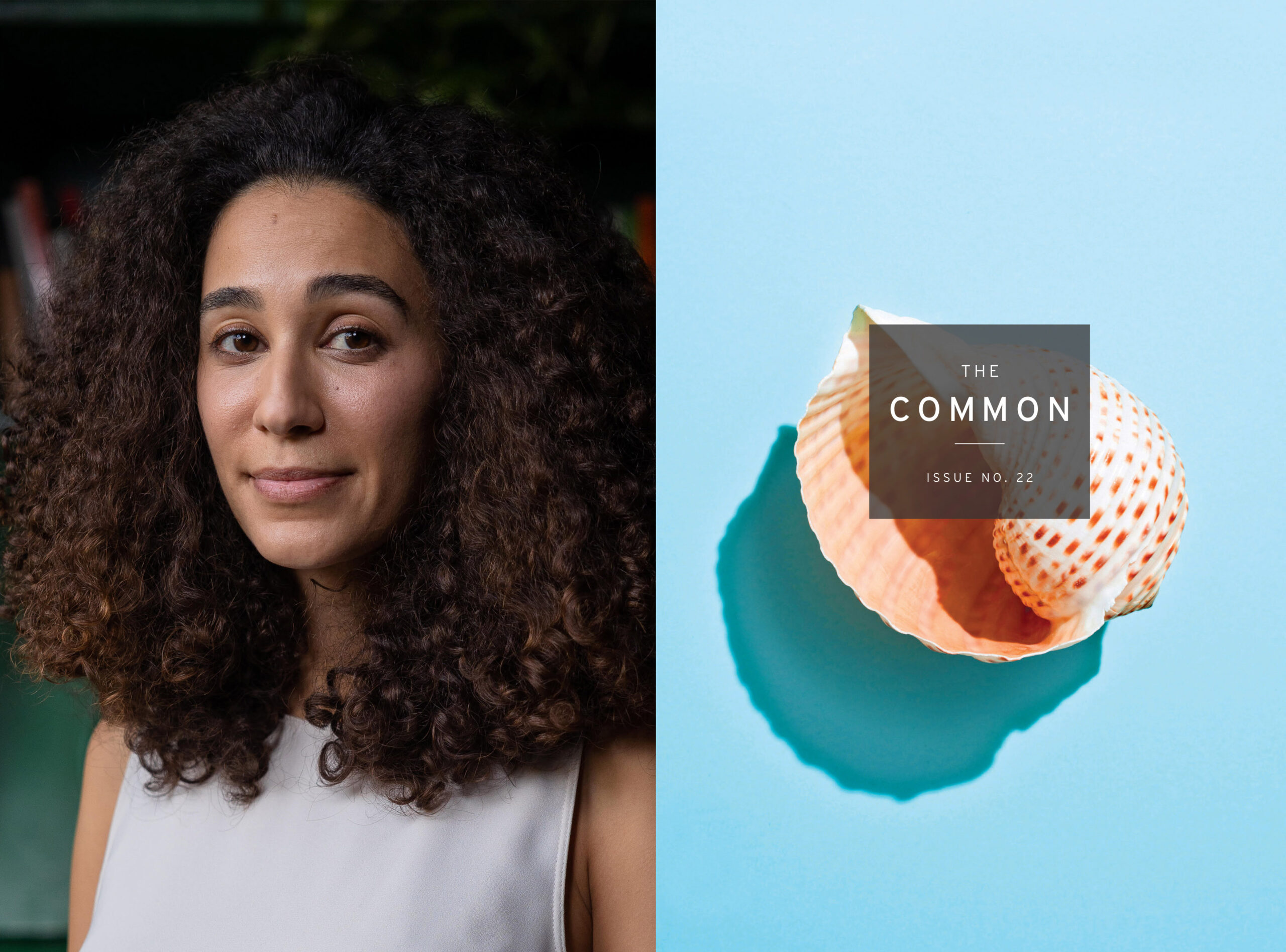 Image of Noor Naga's headshot and the Issue 22 cover (pink-peach seashell on light blue background).
