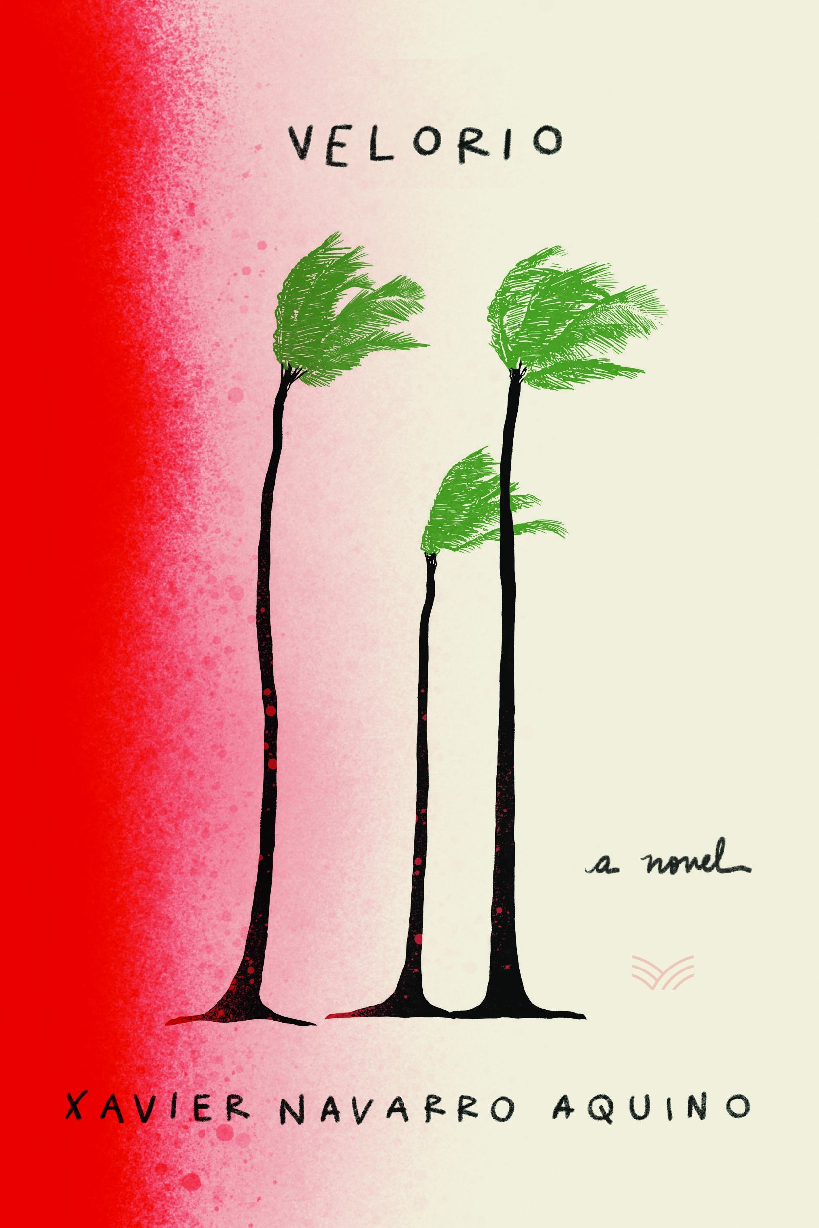 Cover of Velorio by Xavier Navarro Aquino, which shows a red stripe of paint next to a drawing of palm trees blowing in the wind