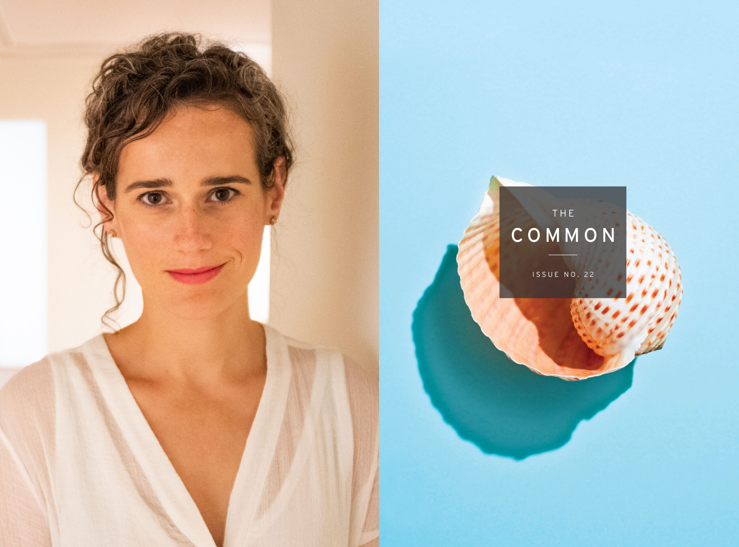 Image of Julia Cooke's headshot and The Common Issue 22 cover (pink seashell on light blue background)