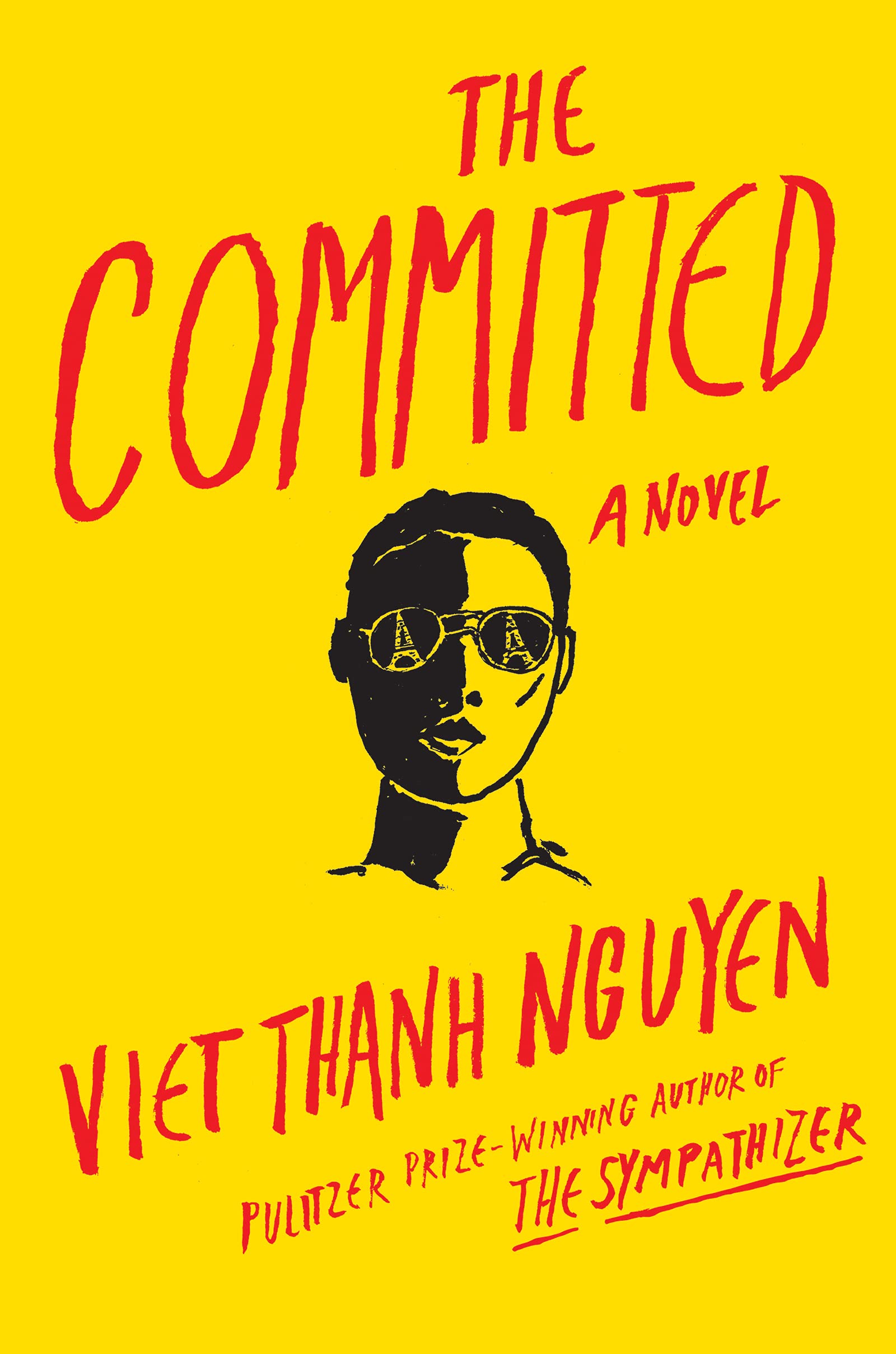 Cover of The Committed by Viet Thanh Nguyen, showing a drawing of a man on a yellow background with red text
