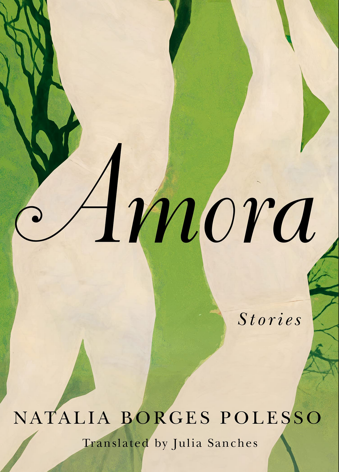 Amora book cover; green background with two white silhouettes over it