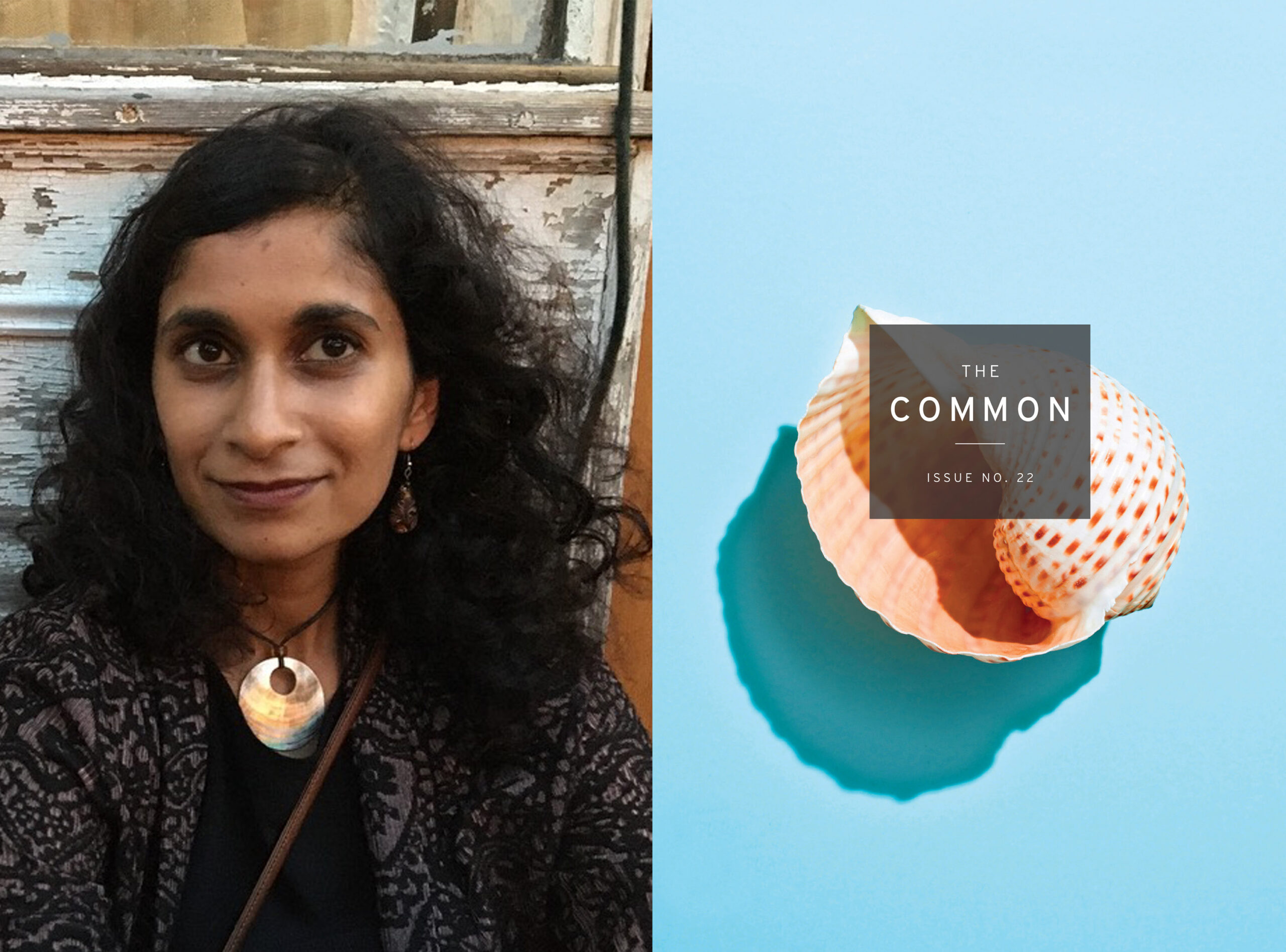 Image of Shubha Sunder's headshot and the Issue 22 cover (pink seashell on light-blue background).