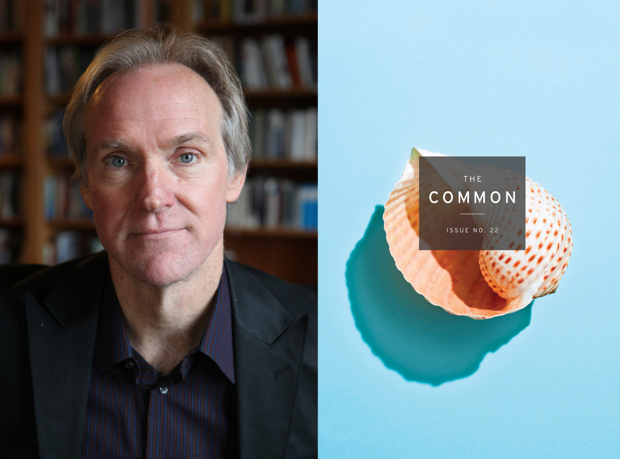 Image of Tom Sleigh's headshot and the Issue 22 cover (light blue background and pink seashell).