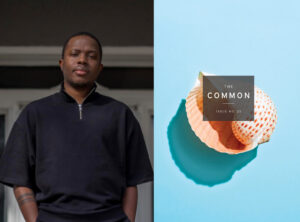 Image of Romeo Oriogun and the Issue 22 cover (pink seashell on light blue background),