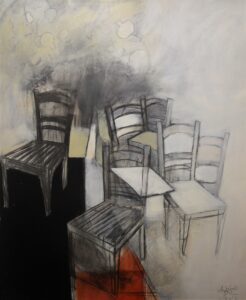 Image of a painting of chairs scattered in space.