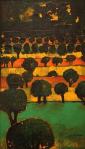 Image of a painting of rows of trees growing on green, orange, and yellow patches.