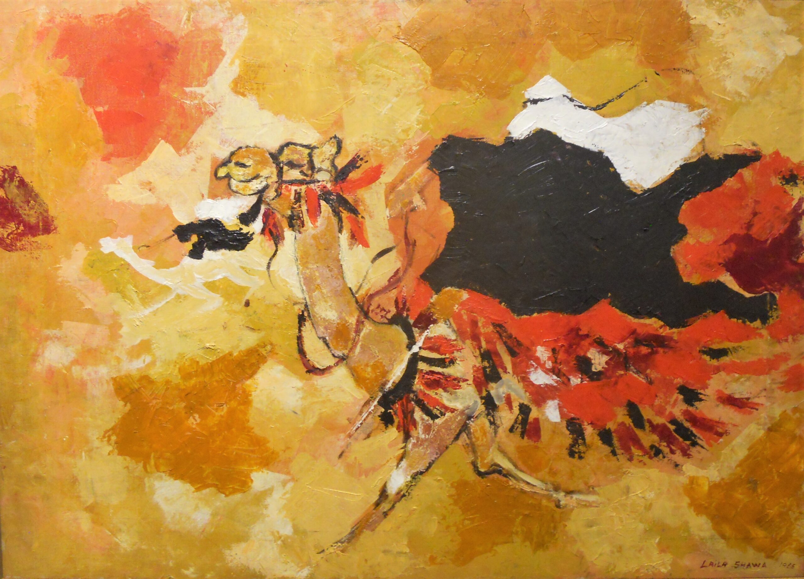 Image of a painting of a person riding a camel against a sandy background.