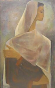 Image of a painting of a woman wearing a white headscarf.