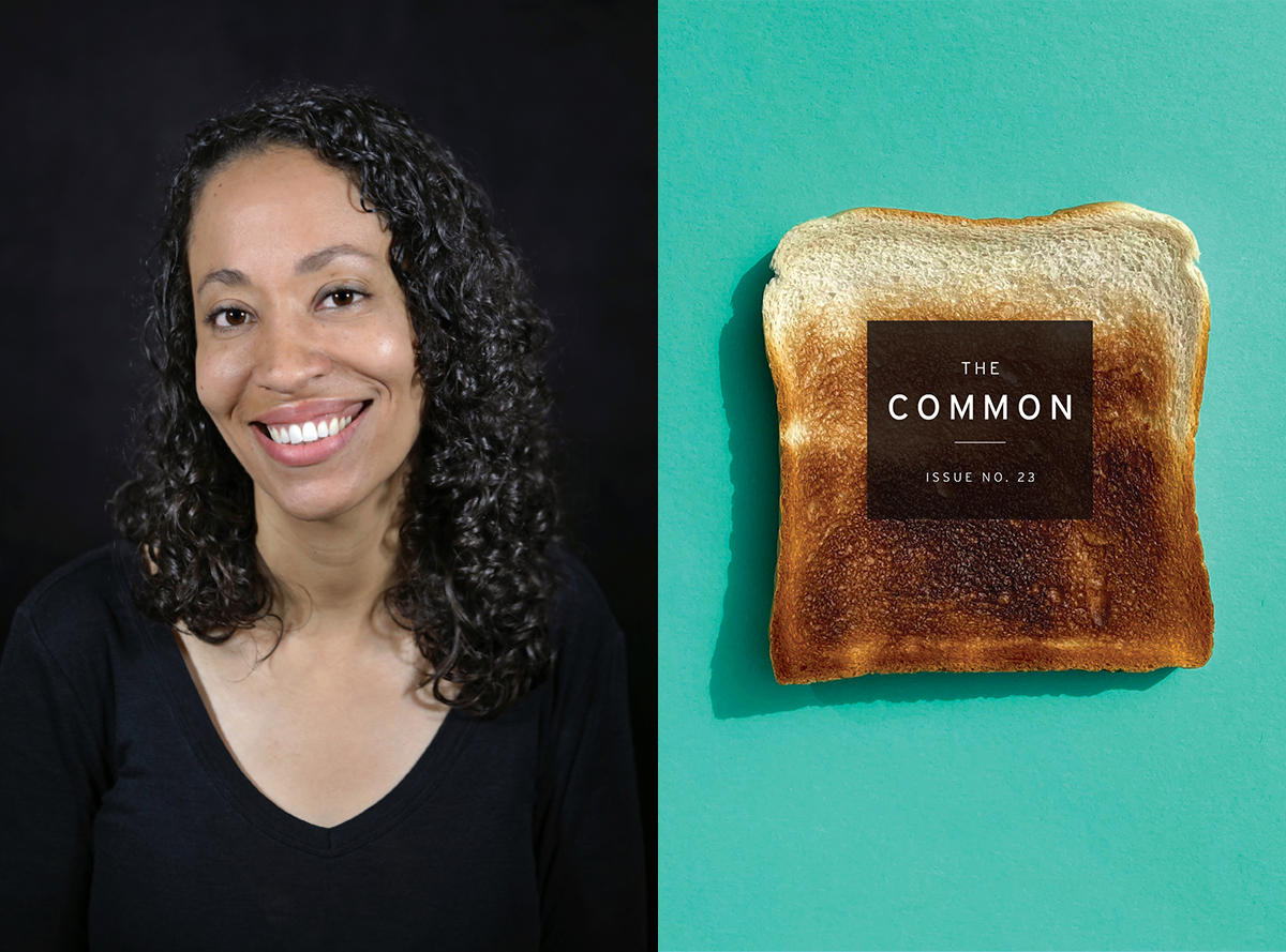 Image of Adrienne G. Perry's headshot and The Common's Issue 23 cover (toast on turquoise background).