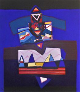 Image of an abstract painting with blue, black, red, pink, and yellow shapes.