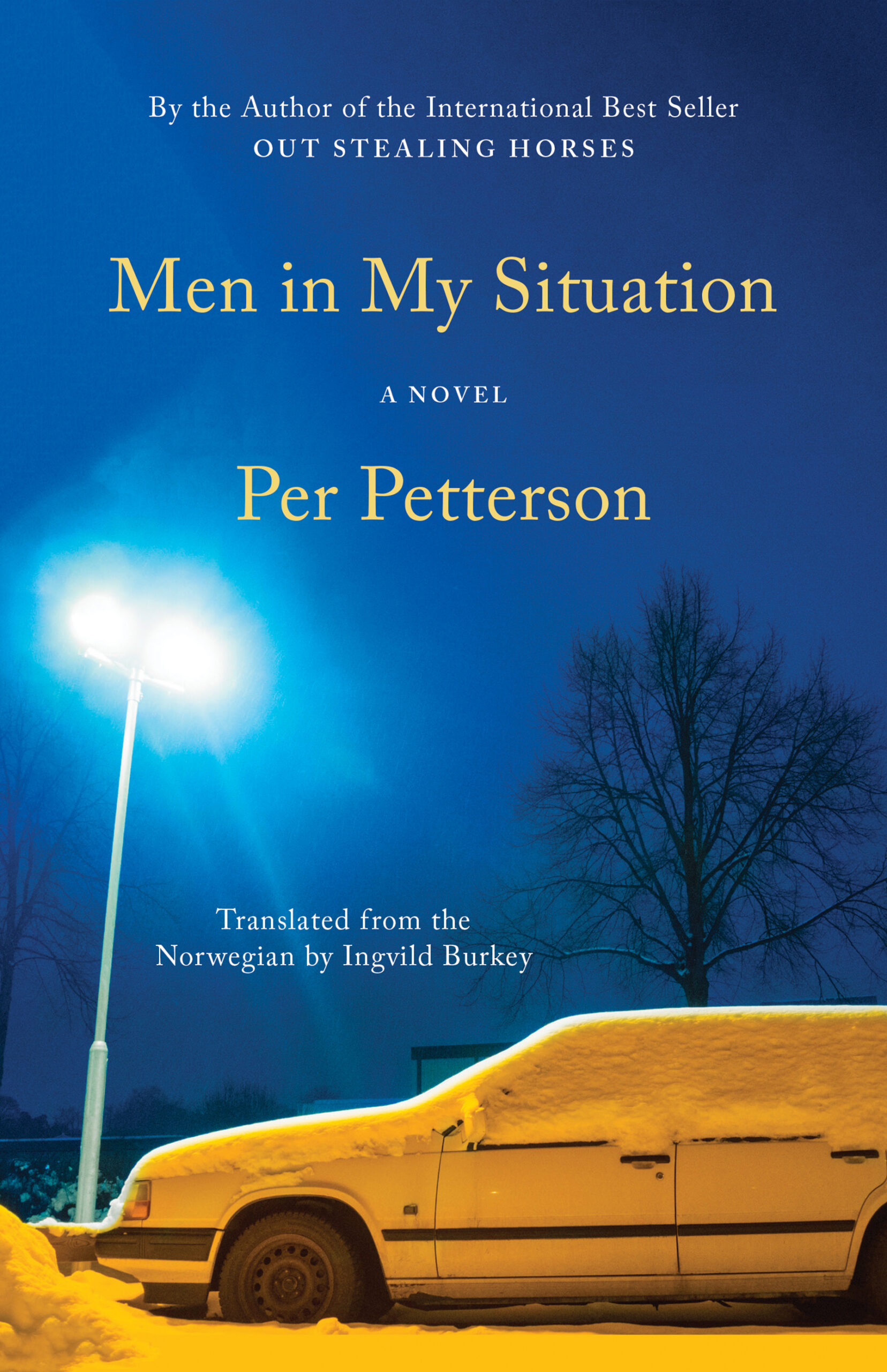 Cover of Per Petterson’s Men in My Situation, depicting a car covered in snow, a street light, and a dark sky.