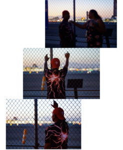 Collage of people standing in front of a fence with an airport on the other side.