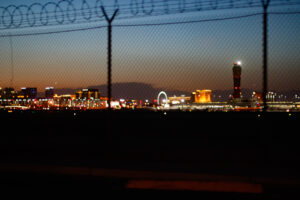 Image of a nighttime skyline in Las Vegas.