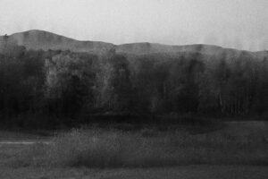 Black and white image of hills and trees.