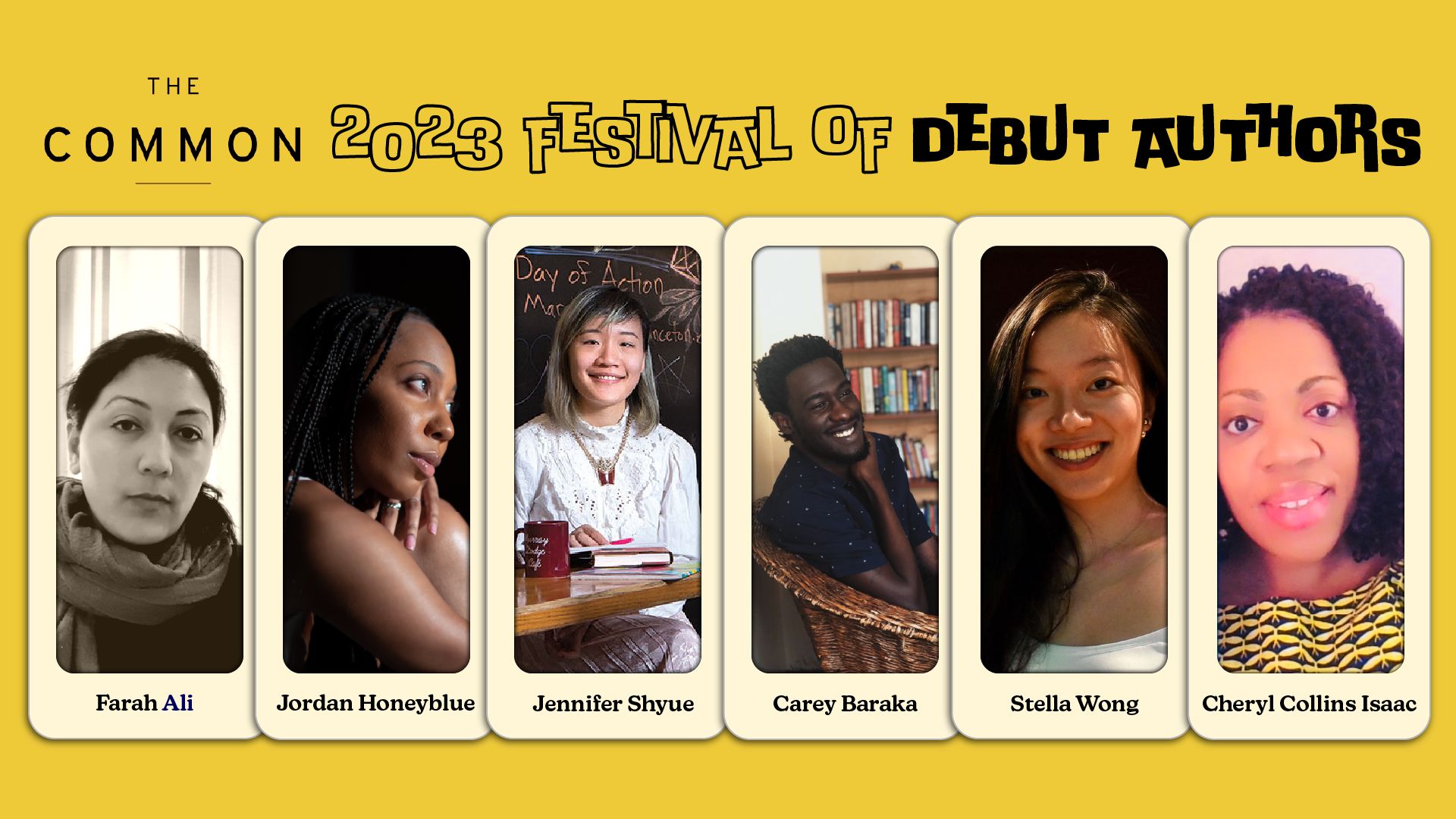 Yellow graphic with "The Common," "2023 Festival of Debut Authors," and the authors' headshots.