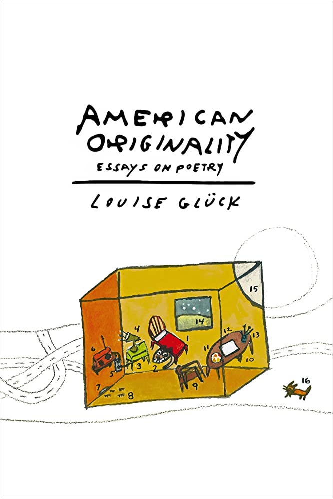 Cover of Louise Gluck's "American Originality," with a small yellow diorama of a room on white background.