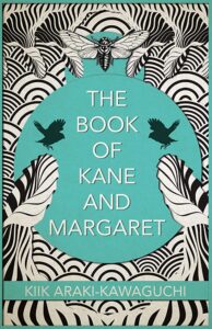 Image of Kiik Araki-Kawaguchi's "The Book of Kane and Margaret" (images of black and white birds and bee, black and white swirls against a teal circle).