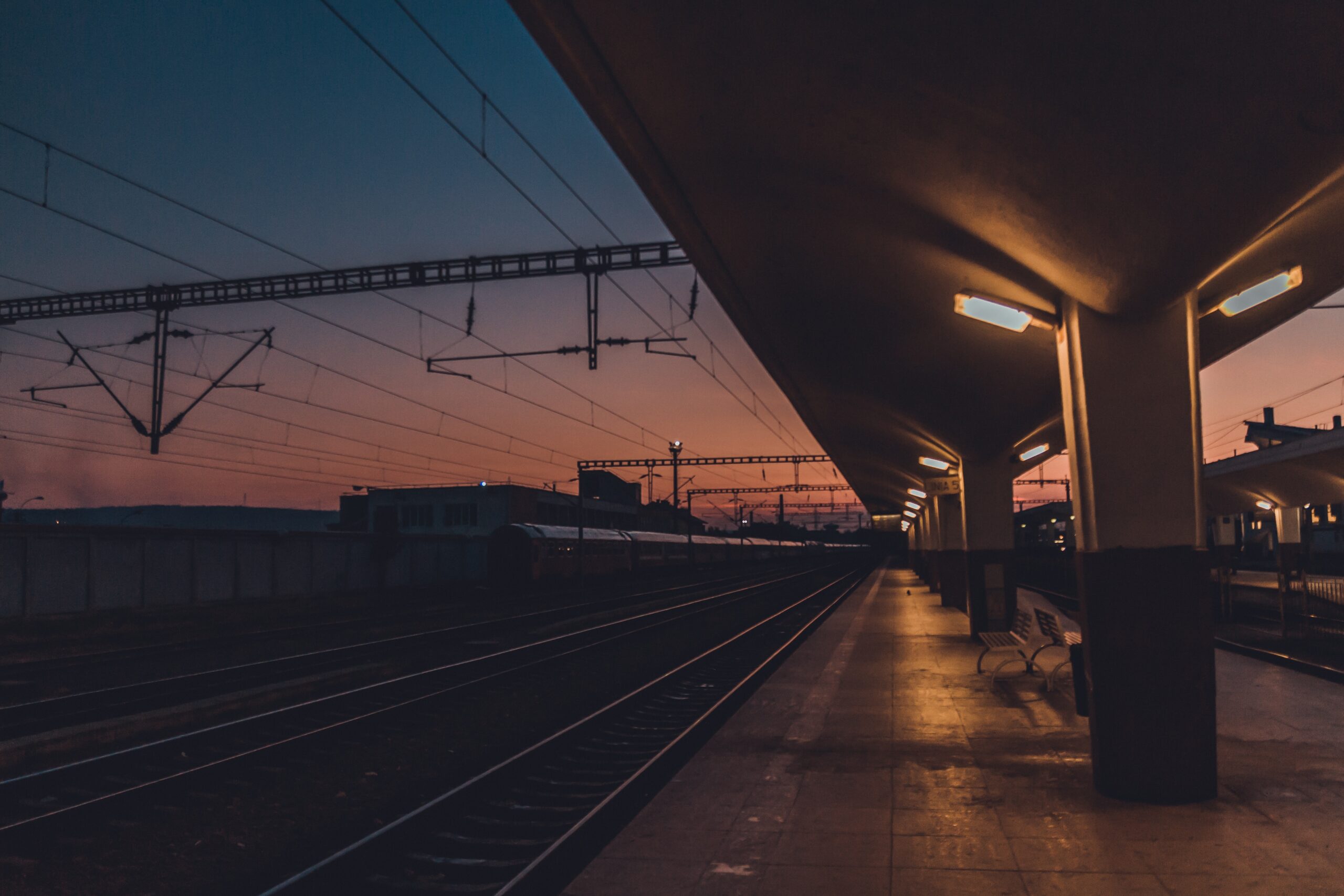 Empty train platform at dusk