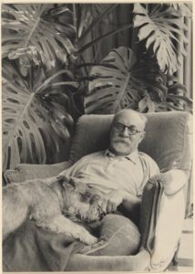 Black and white image of Henri Matisse with a dog in a love seat in front of a big plant.