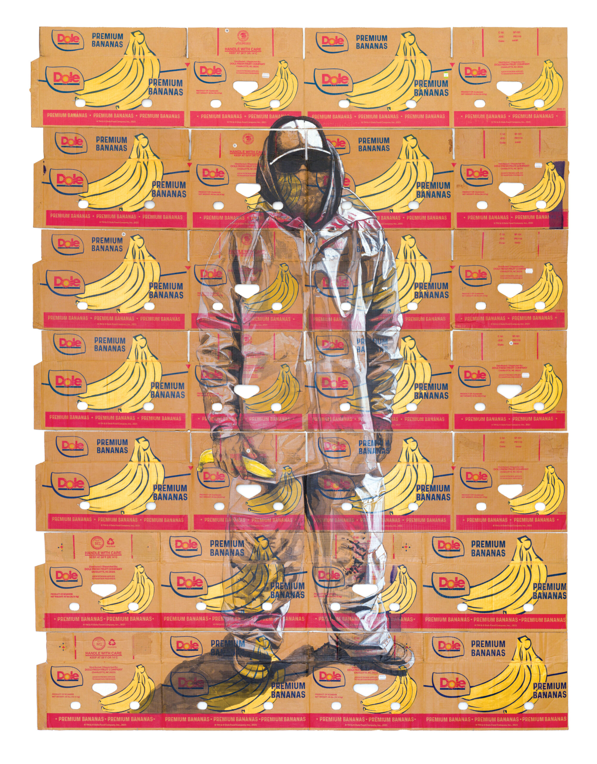 Man in farmworker's suit painted on banana box