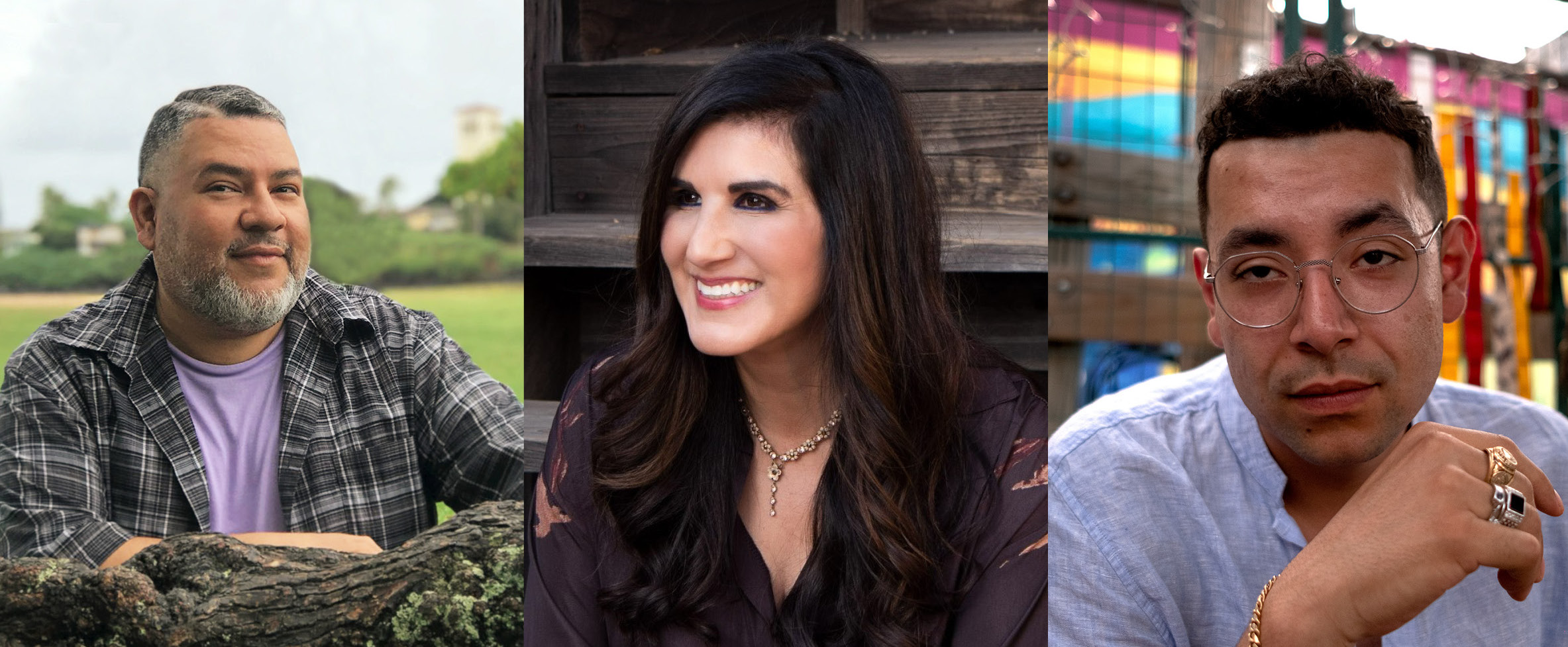 Farmworker launch event headshots: L-R, Miguel M. Morales, Nora Rodriguez Camagna, and Julián David Bañuelos