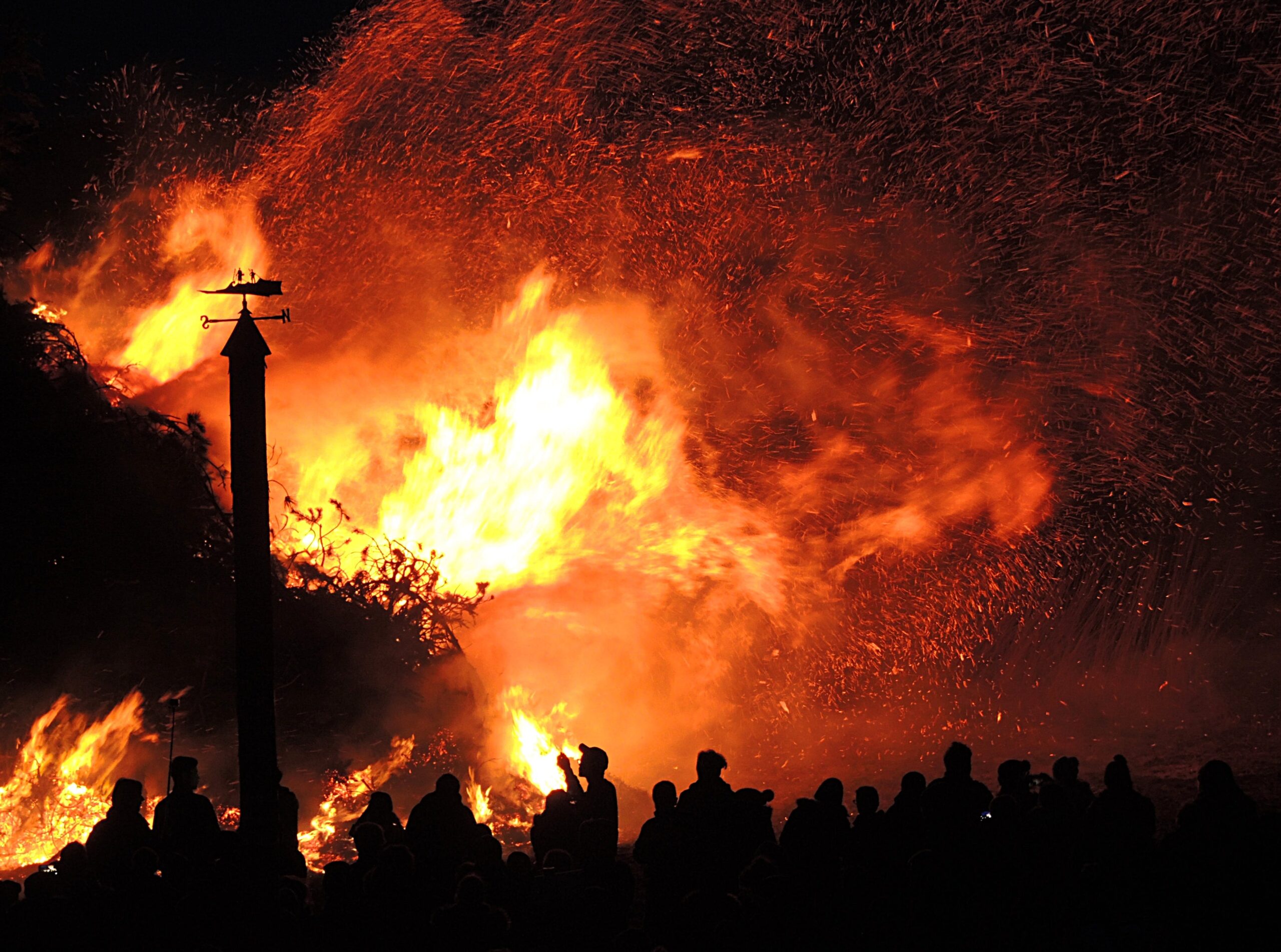 crowd watches a forest fire