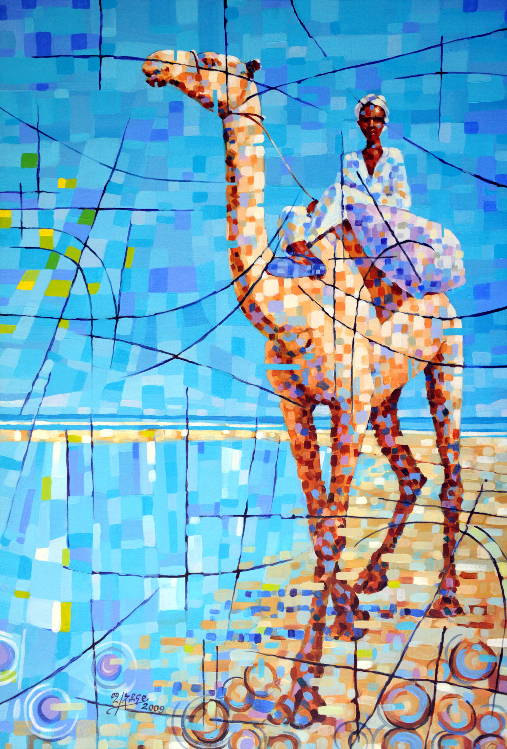 Guardian of the Beach (2009), acrylic on canvas (98 x 69 cm); a person riding a camel