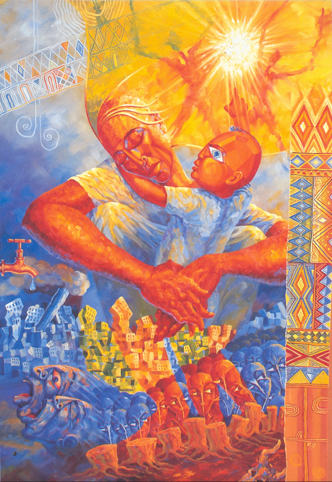 a person holding a child; Hope in the Midst of Threat (2000), acrylic on canvas