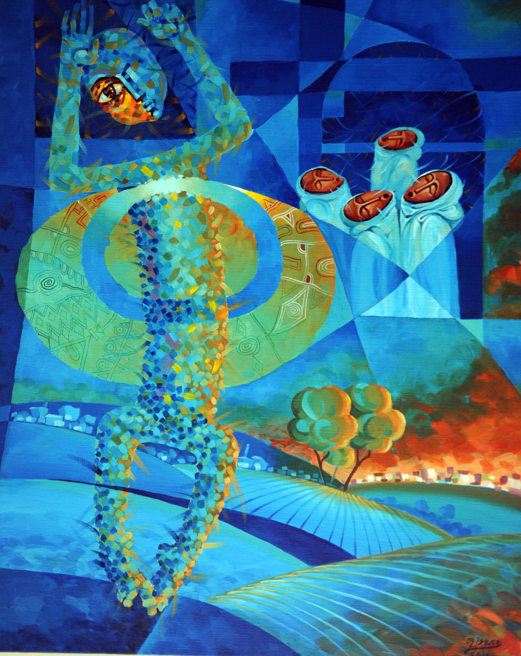 A Newborn Child (2011), acrylic on canvas (115 X 95 CM) 300 dpi, 3723 x 4288 pixels; a blue scene, a woman-like face peering in the corner