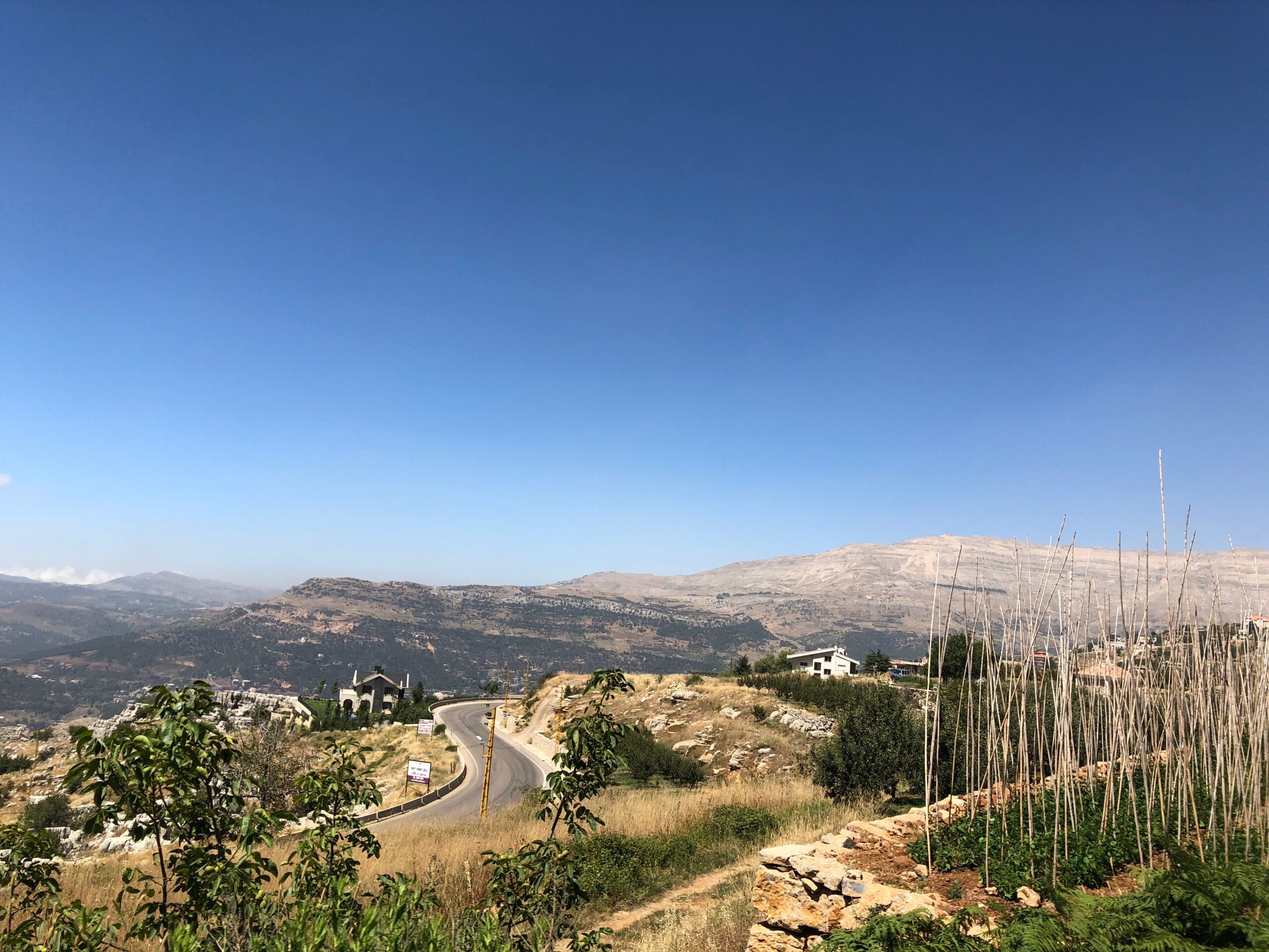 A photograph of a landscape with a road winding past the land.