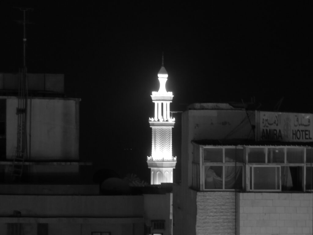 Tower lit up at night