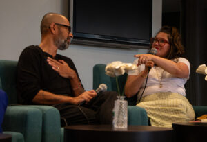 Rumaan Alam and Xochitl Gonzalez seated having a discussion.
