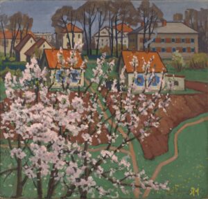 Blossom trees in front of a village.
