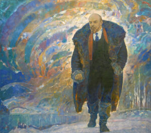 Vladimir Lenin stands to the right in a large coat. Colorful swaths behind him.