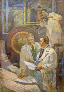 Two doctors in white coats debate over a paper, while a third stands in the back.