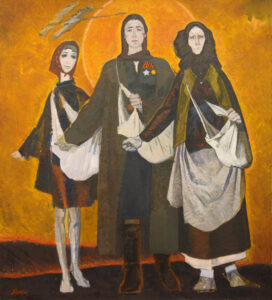 Three women stand side by side wearing messenger bags.